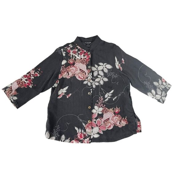 Citron Santa Monica Woman's Sz PM Gray 100% Silk Foo Dog Dragon Print Blouse - Picture 7 of 7